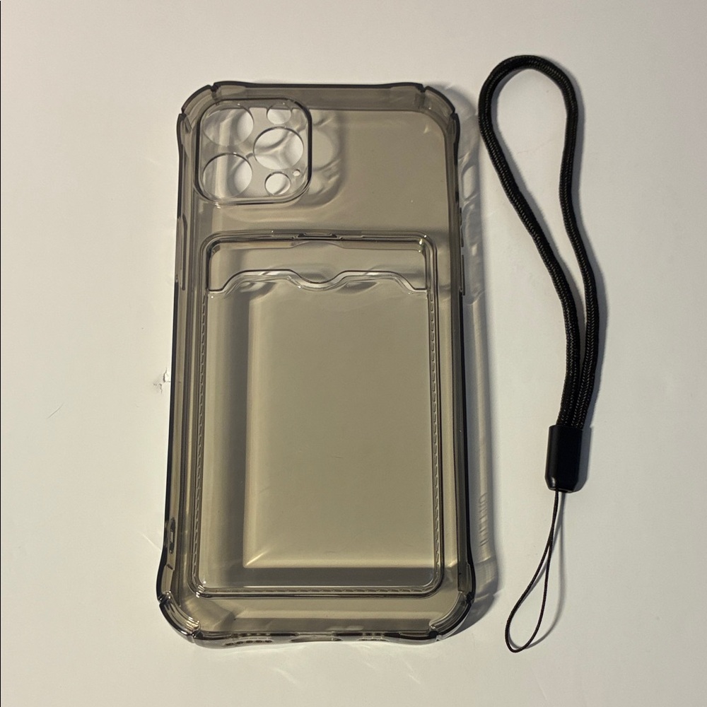Smokey Clear Card Holder Phone Case with Black Wrist Strap- IPHONE 12 PRO